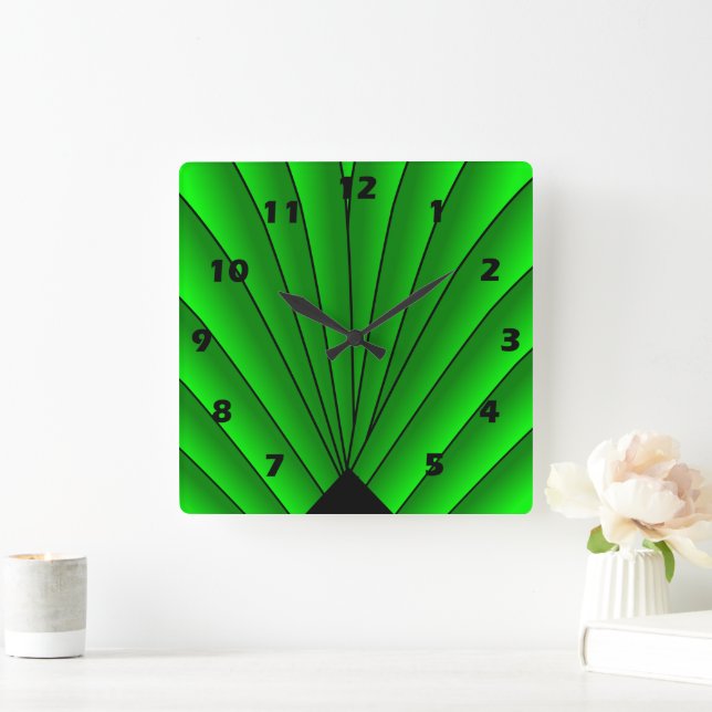 Art Deco Fan Design Green Square Wall Clock (Home)