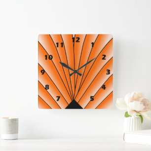 Art Deco Fan Design Orange Square Wall Clock
