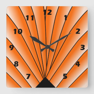 Art Deco Fan Design Orange Square Wall Clock