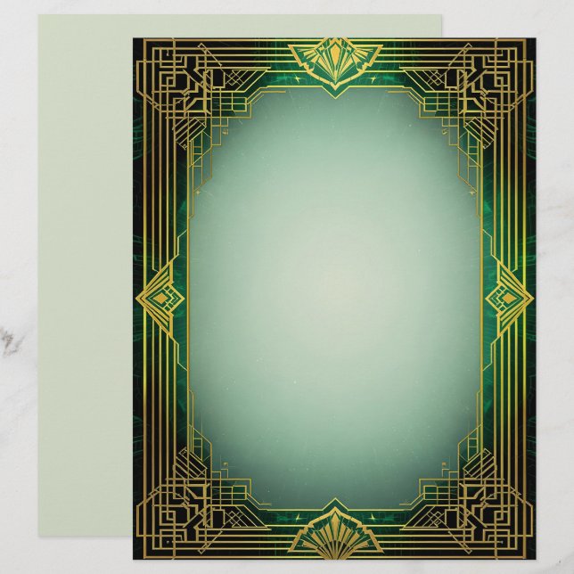 Art Deco Fan Frame on Green Stationery Paper (Front/Back)