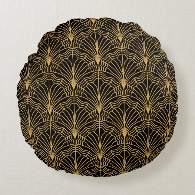 Art Deco Fan: Geometric Yellow Black Round Pillow (Front)