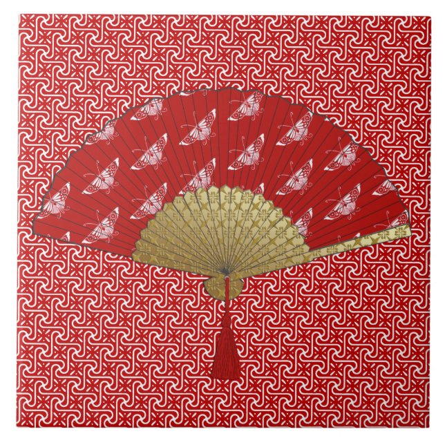 Art Deco Fan in a Butterfly Pattern, Deep Red Ceramic Tile (Front)