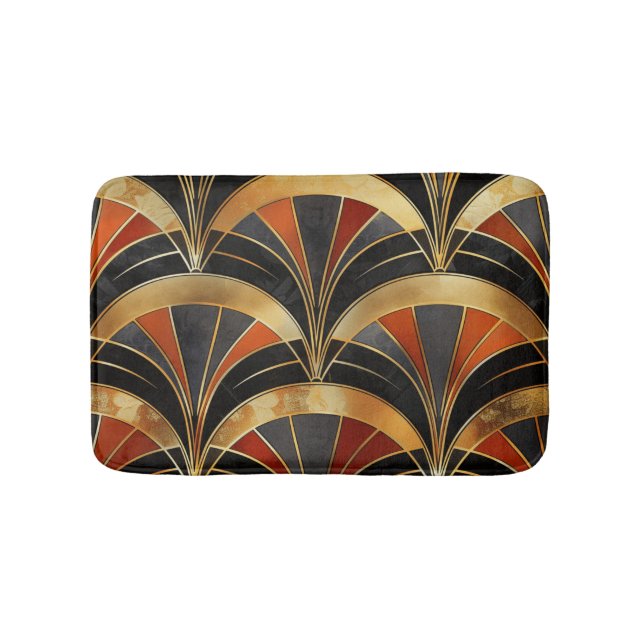 Art Deco Fan Motif Black, Gold & Deep Red Bath Mat (Front)
