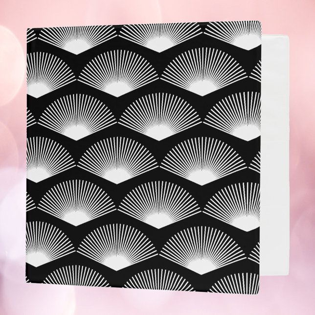 Art Deco Fan Pattern Black and White 3 Ring Binder (A binder with a white art deco fan pattern on a black background.)
