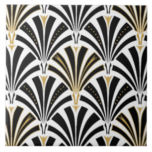 Art Deco fan pattern - black and white Ceramic Tile