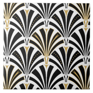 Art Deco fan pattern - black and white Ceramic Tile