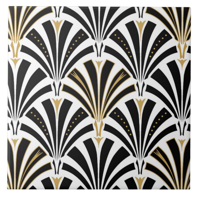 Art Deco fan pattern - black and white Ceramic Tile (Front)
