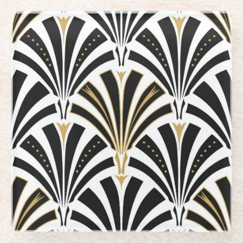 Art Deco fan pattern _ black and white Glass Coaster