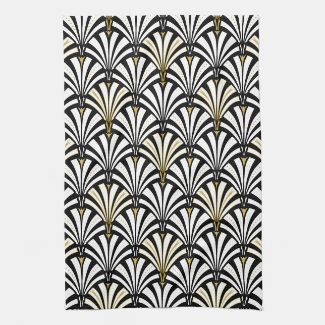 Art Deco fan pattern - black and white Kitchen Towel (Vertical)