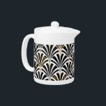 Art Deco fan pattern - black and white Teapot<br><div class="desc">Digital reproduction of a classic,  Art Deco wallpaper,  fan pattern - black on white,  embellished with gold</div>