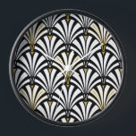 Art Deco fan pattern - black and white Wall Clock<br><div class="desc">Digital reproduction of a classic,  Art Deco wallpaper,  fan pattern - white on black,  embellished with gold</div>