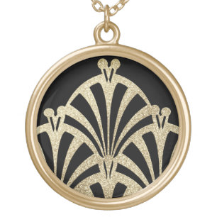 Art deco fan pattern black bronze elegant 1920's gold plated necklace