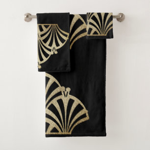 Art deco fan pattern black bronze elegant vintage bath towel set
