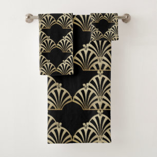 Art deco fan pattern black bronze elegant vintage bath towel set