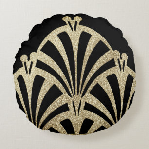 Art deco fan pattern black bronze elegant vintage round pillow