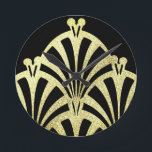 Art deco fan pattern black elegant vintage round clock<br><div class="desc">An art deco fan pattern in black and gold. An elegant vintage design.</div>