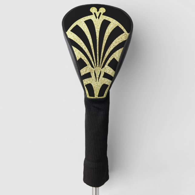 Art deco fan pattern black gold elegant vintage golf head cover (Front)