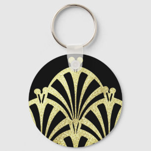 Art deco fan pattern black gold elegant vintage  keychain