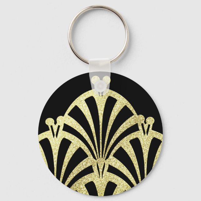 Art deco fan pattern black gold elegant vintage  keychain (Front)