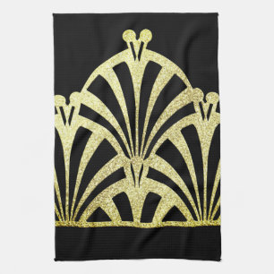 Art deco fan pattern black gold elegant vintage kitchen towel