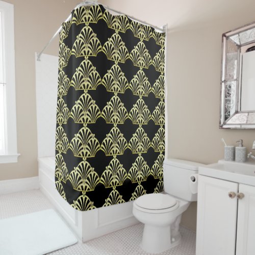 Art deco fan pattern black gold elegant vintage shower curtain