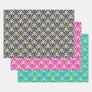 Art Deco Fan Pattern, Black/White, Pink, Aqua Wrapping Paper Sheets