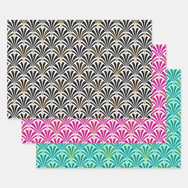 Art Deco Fan Pattern, Black/White, Pink, Aqua Wrapping Paper Sheets (Set)