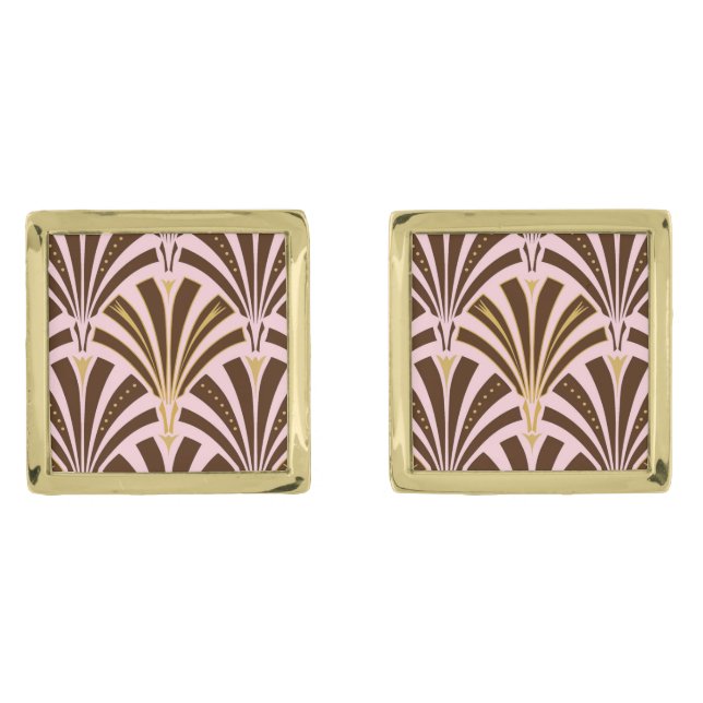 Art Deco fan pattern - chocolate on pink Gold Cufflinks (Front)