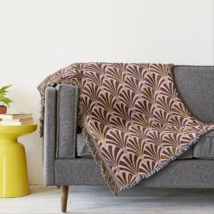 Art Deco fan pattern - chocolate on pink Throw Blanket