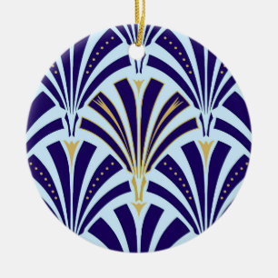Art Deco fan pattern - cobalt and sky blue Ceramic Ornament