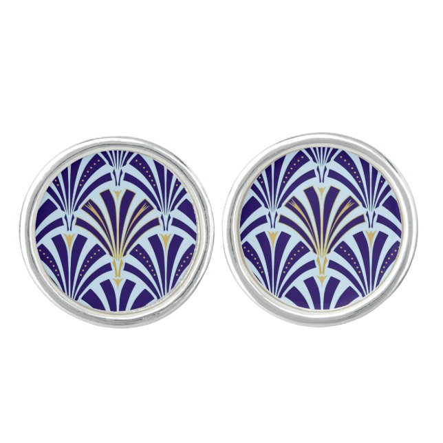 Art Deco fan pattern - cobalt and sky blue Cufflinks (Front)