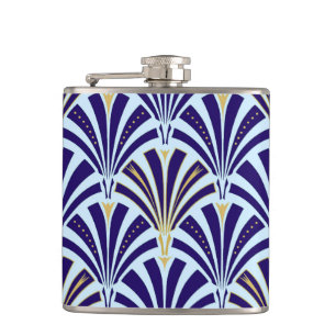 Art Deco fan pattern - cobalt and sky blue Flask