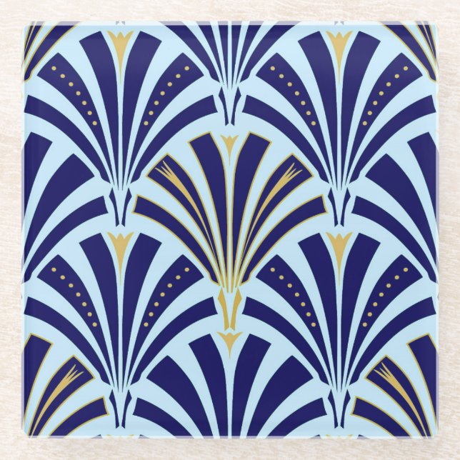 Art Deco fan pattern - cobalt and sky blue Glass Coaster (Front)