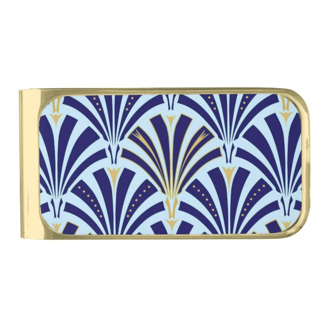 Art Deco fan pattern - cobalt and sky blue Gold Finish Money Clip (Front)
