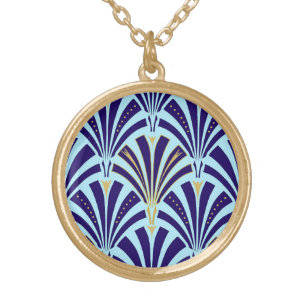 Art Deco fan pattern - cobalt and sky blue Gold Plated Necklace