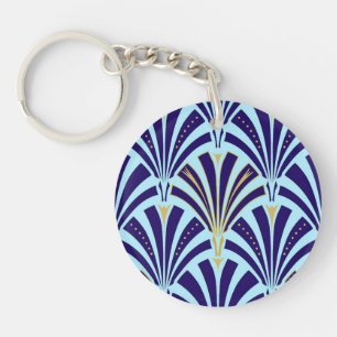 Art Deco fan pattern - cobalt and sky blue Keychain