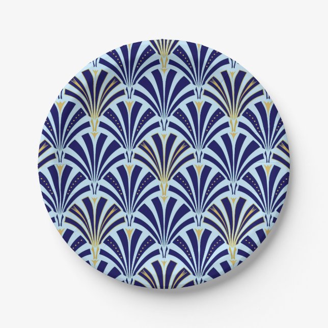 Art Deco fan pattern - cobalt and sky blue Paper Plates (Front)