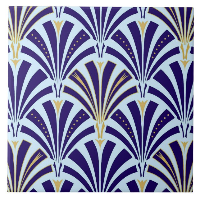 Art Deco fan pattern - cobalt and sky blue Tile (Front)