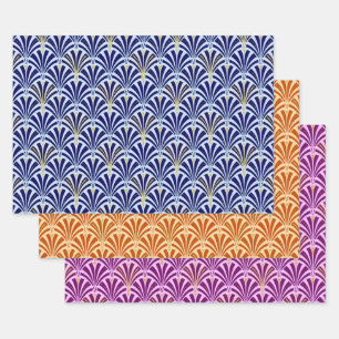Art Deco Fan Pattern, Dark Blue, Orange, Violet Wrapping Paper Sheets