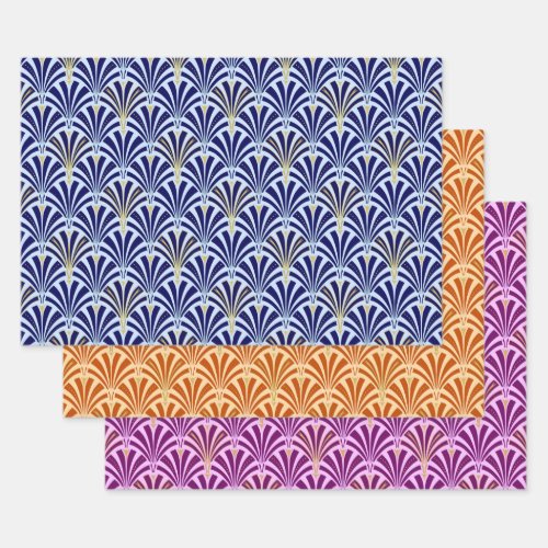 Art Deco Fan Pattern  Dark Blue Orange Violet Wrapping Paper Sheets