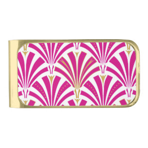 Art Deco fan pattern - fuchsia pink Gold Finish Money Clip