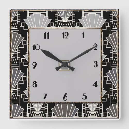 Art Deco Fan Pattern _ Gray and Black Square Wall Clock