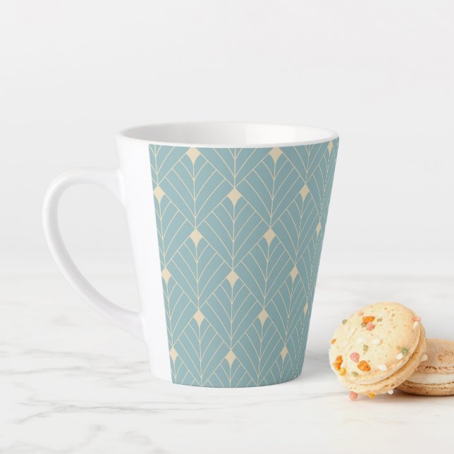 Art Deco Fan Pattern In Duck Egg Blue And Beige Latte Mug (In Situ)