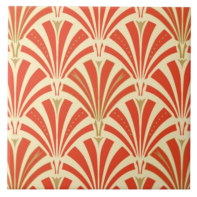 Art Deco fan pattern - mandarin orange Ceramic Tile (Front)