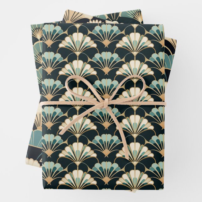 Art Deco Fan Pattern Matte Wrapping Paper Sheets (In situ)