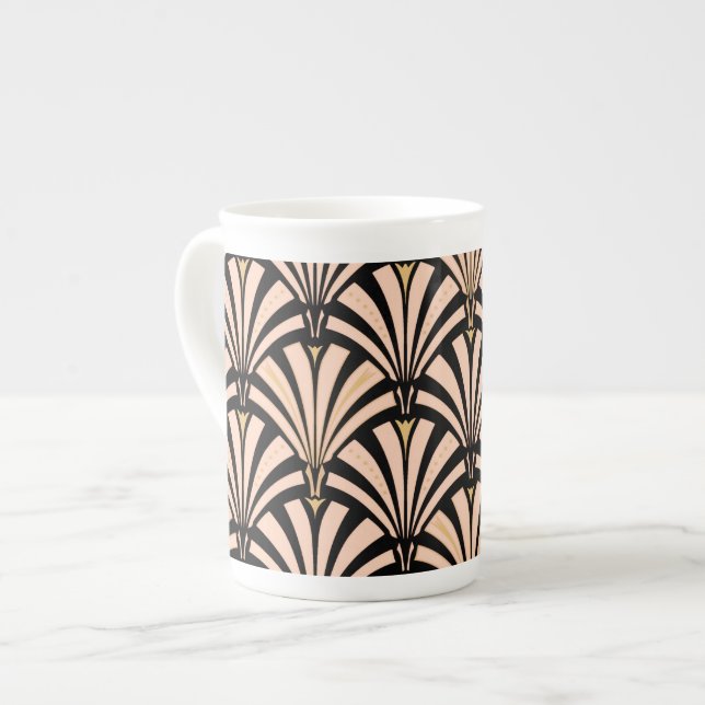 Art Deco fan pattern - peach on black Bone China Mug (Front Left)