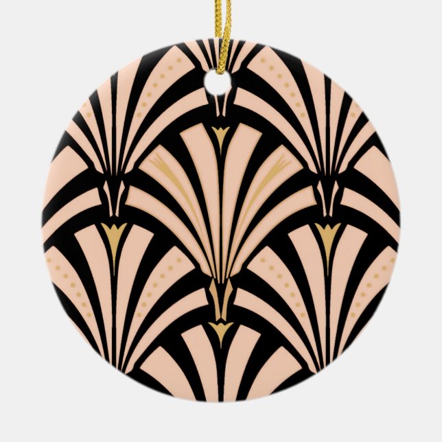 Art Deco fan pattern - peach on black Ceramic Ornament (Front)