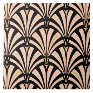 Art Deco fan pattern - peach on black Ceramic Tile