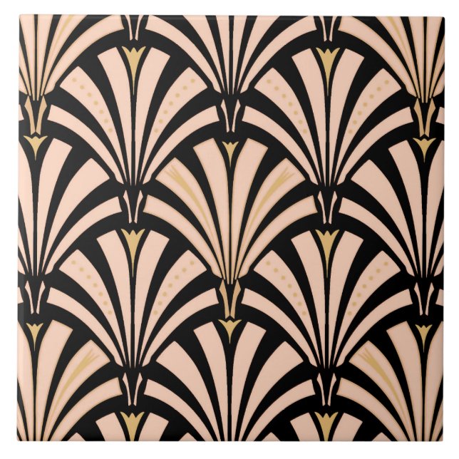 Art Deco fan pattern - peach on black Ceramic Tile (Front)