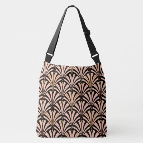 Art Deco fan pattern _ peach on black Crossbody Bag